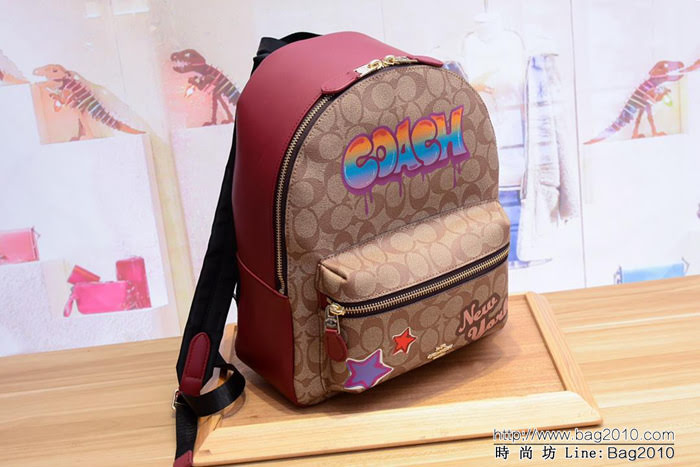 COACH蔻馳 31499新款 男女通用款塗鴉 PVC拼皮 休閒雙肩背包 旅行包  Chz1536